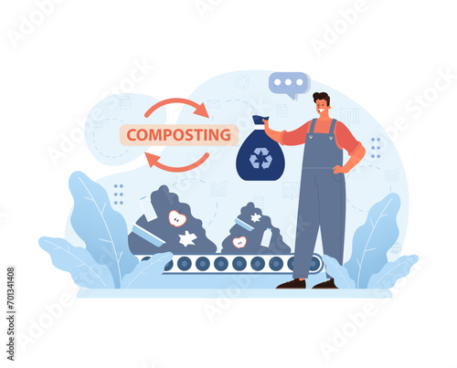 Man proudly showcasing the composting process, turning waste into fertile soil for urban farming practices. Flat vector illustration