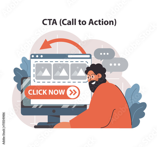 CTA enhancement concept. Enthusiastic developer points to a vibrant CLICK NOW button on screen, showcasing website's effective call to action. Engage visitors, boost clicks. Flat vector illustration