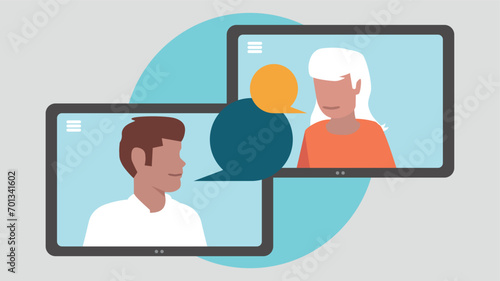 Vektor-Illustration von zwei Tablet-PCs mit Menschen, die miteinander kommunizieren - Business-Konzept