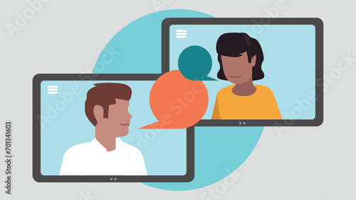 Vektor-Illustration von zwei Tablet-PCs mit Menschen, die miteinander kommunizieren - Business-Konzept