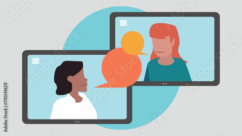 Vektor-Illustration von zwei Tablet-PCs mit Menschen, die miteinander kommunizieren - Business-Konzept