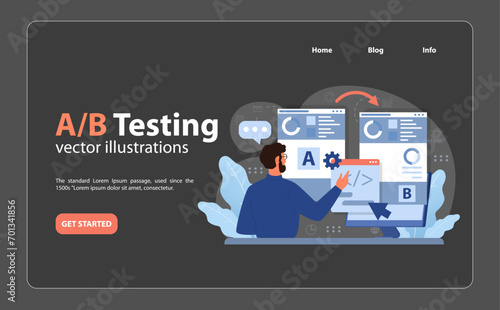 A B Testing concept. Expert analyzing two website versions, making data-driven decisions. Exploring user engagement metrics, optimizing for best performance. Digital strategy evaluation. Flat vector