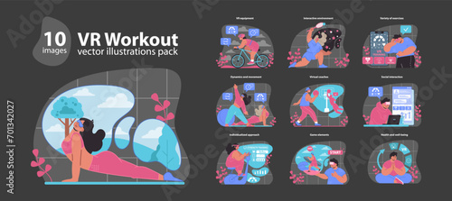 Engage in a futuristic fitness journey with our VR Workout vector pack, featuring interactive and dynamic exercises for a holistic virtual reality exercise regimen.