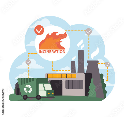 Waste management through incineration. Recycling truck near an industrial plant with flames, emphasizing the incineration process. Efficient waste disposal method. Flat vector illustration