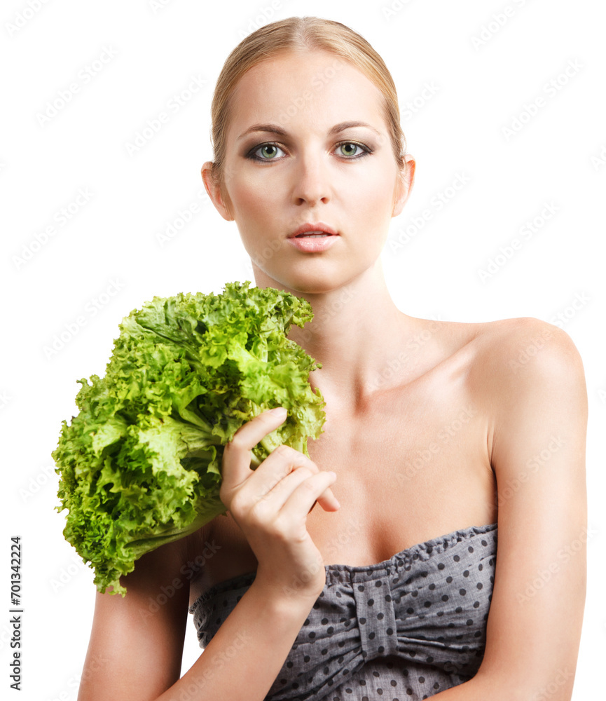 Portrait of sensual woman model with makeup holding green salad Portrait of sensual woman model with makeup holding green salad