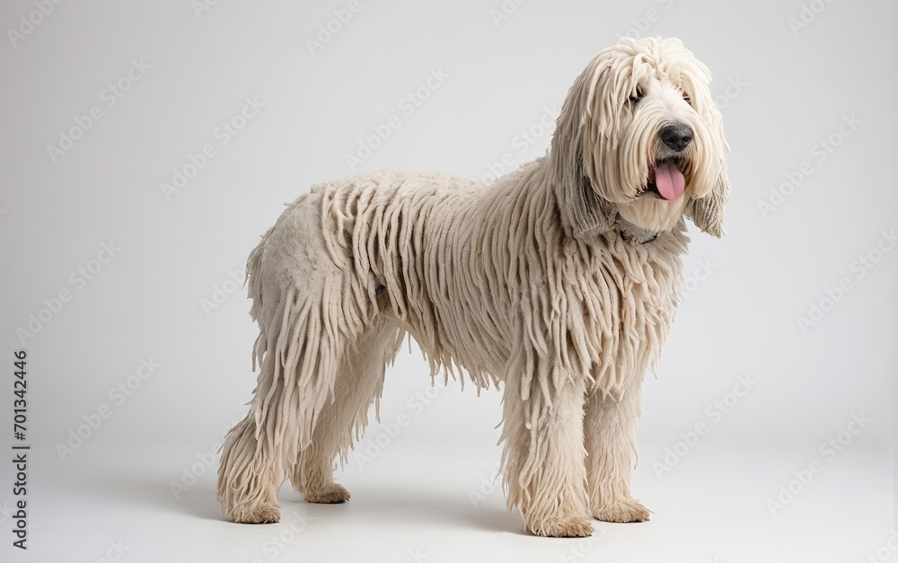 Perro de raza Komondor, de pie, sobre fondo blanco 