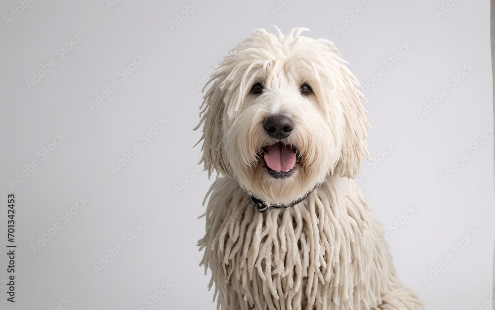 Rostro de perro de raza Komondor sobre fondo blanco 