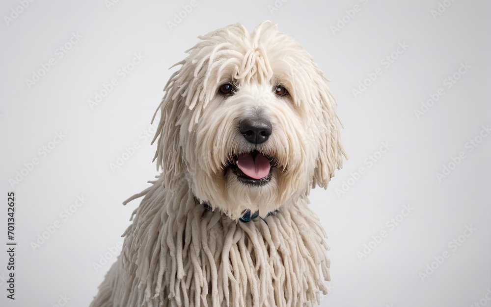 Rostro de perro de raza Komondor sobre fondo blanco 