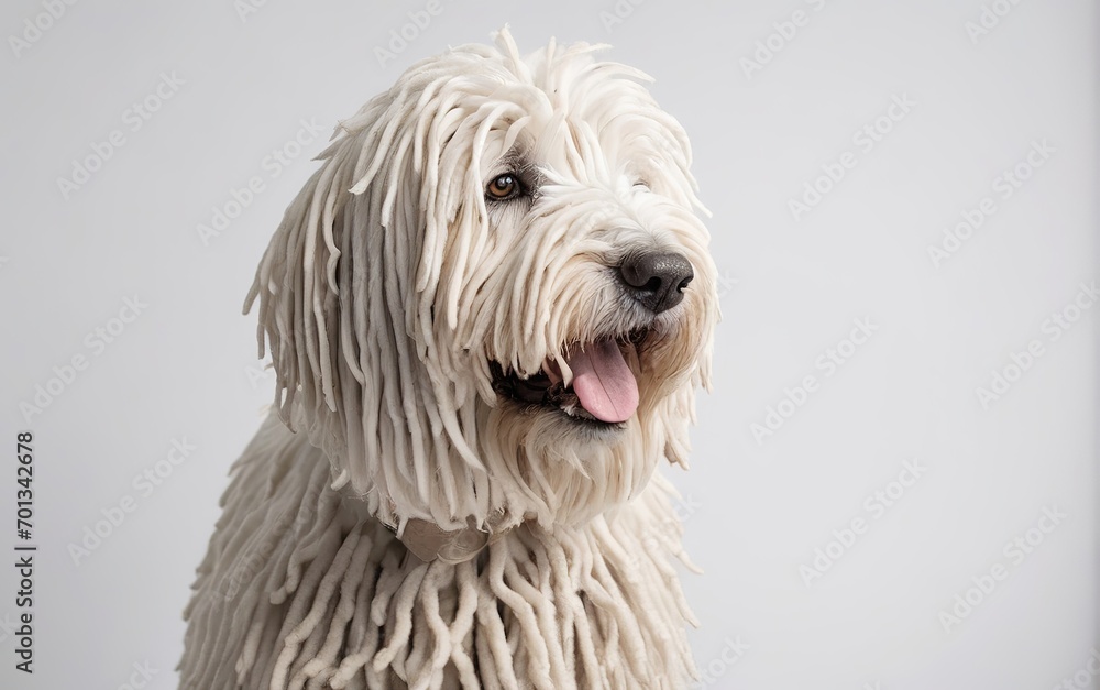 Rostro de perro de raza Komondor, mirando a la derecha, sobre fondo blanco 