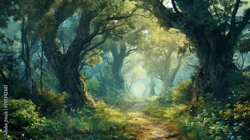 A beautiful fairytale enchanted forest with big trees and great vegetation. Digital painting background.