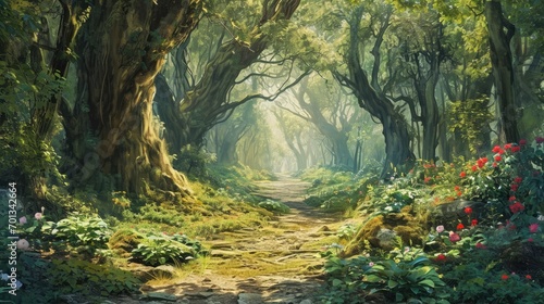 A beautiful fairytale enchanted forest with big trees and great vegetation. Digital painting background.