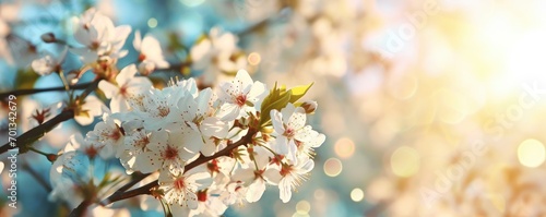 A fresh spring blue sunny sky background with blurred warm sunny glow. photo