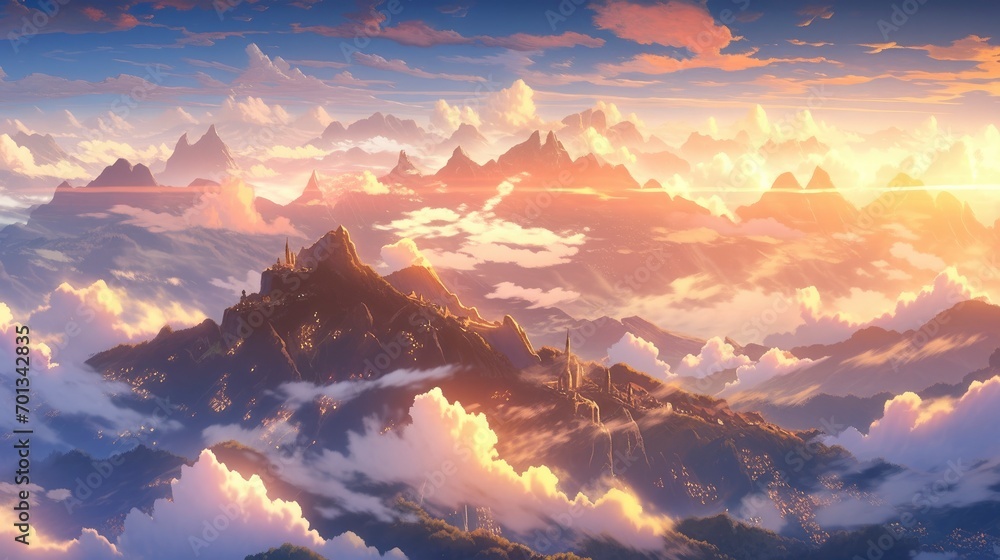 An enchanting anime landscape of a mist-covered mountain range during sunrise