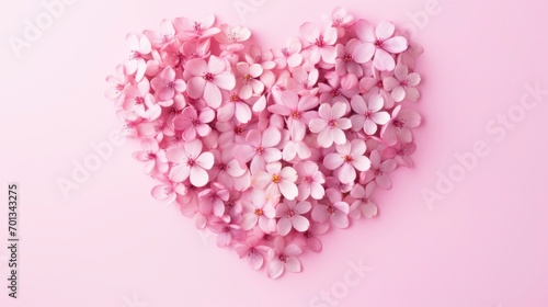 Heart shape made of pink flowers against pastel pink background