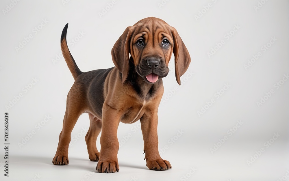 Cachorro de raza Bloodhound, de pie, sobre fondo blanco