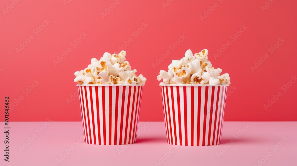 Paper striped bucket with popcorn on red background