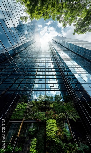 Realistic photo of a vertical garden skyscraper, glass office building tower, modern building.