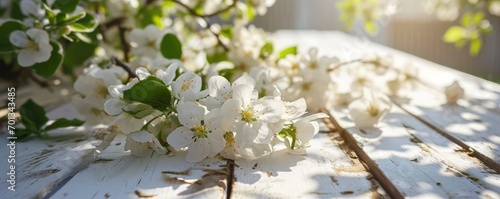 Spring background with white blossoms and white wooden table. Spring apple garden on the background photo
