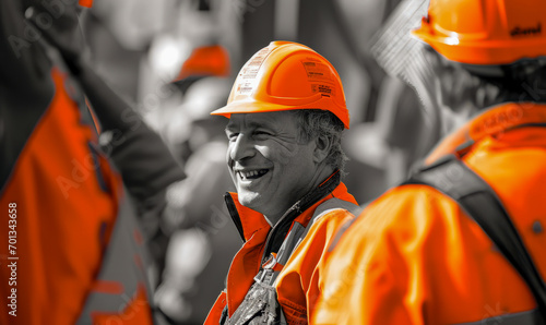 Smiling worker in orange safety gear with selective color effect, ideal for industrial and teamwork themes.
