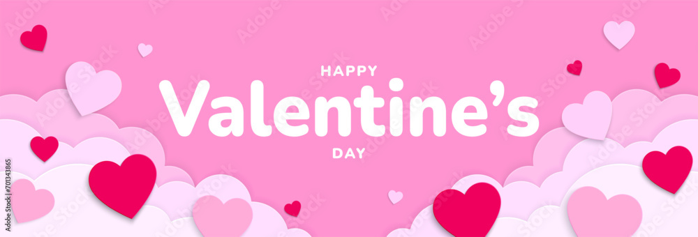 Happy Valentines Day. Valentine background design with paper clouds, flying red and pink heart shapes. Vector illustration