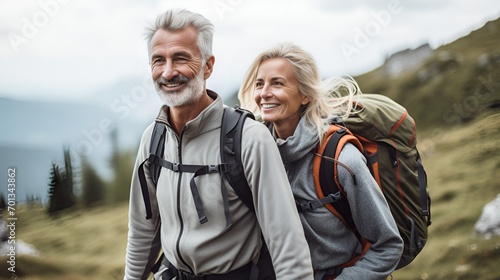 Aged couple hiking in a scenic mountain landscape , aged couple, hiking, scenic mountain landscape.