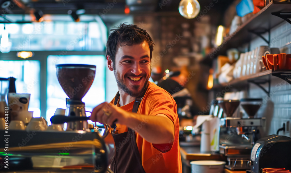 Cheerful barista at work in a cozy coffee shop, creating a welcoming ambiance.