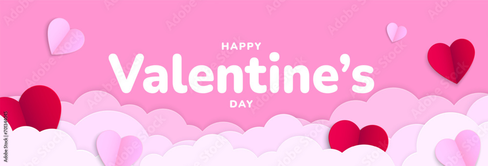 Happy Valentines Day. Valentine background design with paper clouds, flying red and pink heart shapes. Vector illustration