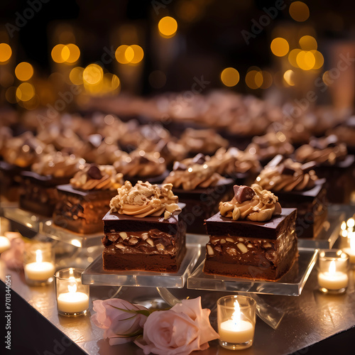 Delicious brownie- Closeup on dessert table arrangement, focus on the brownies in the middle