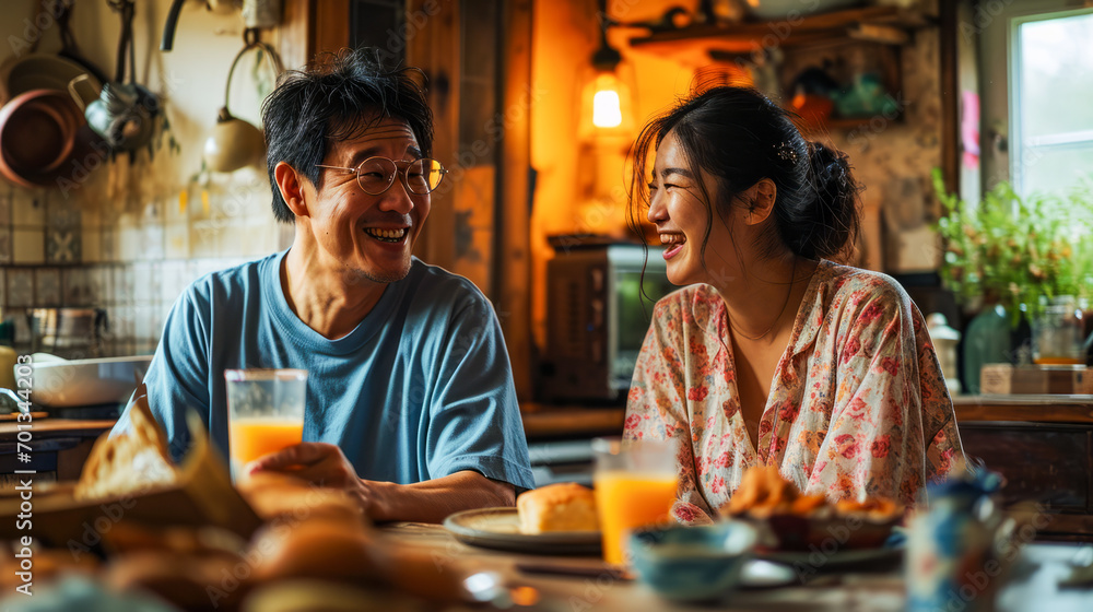 Happy couple enjoying a cozy breakfast in a rustic kitchen, sharing laughter and quality time.