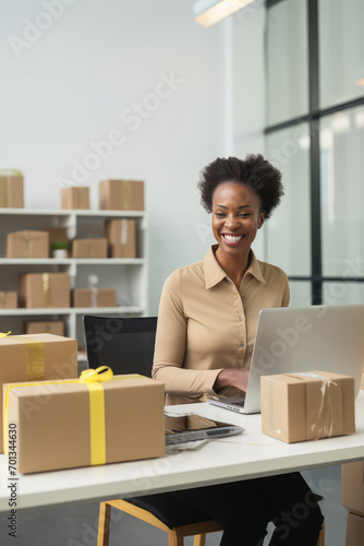 Online store seller during an online conversation with a buyer. Smiley middle aged black woman sits in front of laptop monitor in a warehouse of products during online video call with a customer.