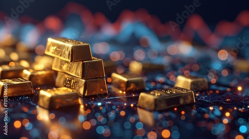 A stack of gold bars set against a backdrop of an investment graph, symbolizing wealth growth, generative ai