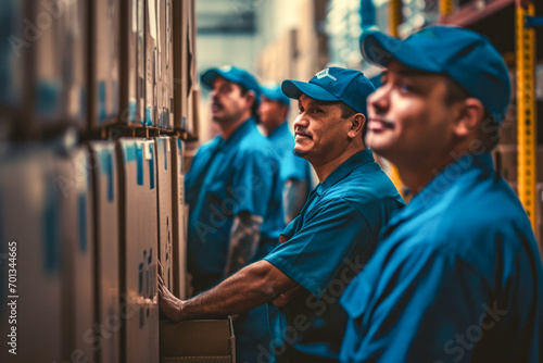 Team of workers in blue uniforms organizing stock in a warehouse, conveying teamwork and efficiency.