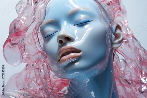 Cobalt body, pink face, liquid immersion, sci-fi aesthetic, detailed graphics, Asian influence, white & pink mix, lustrous shine, aurorapunk themes photo