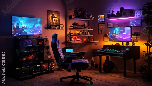 Gaming Haven: A Glowing Odyssey Through RGB Realms, A vibrant Gaming Room with a Massive PC Booming Speakers and a Full LED RGB Setup, Illuminated Diorama Delights, Gaming Room Setup