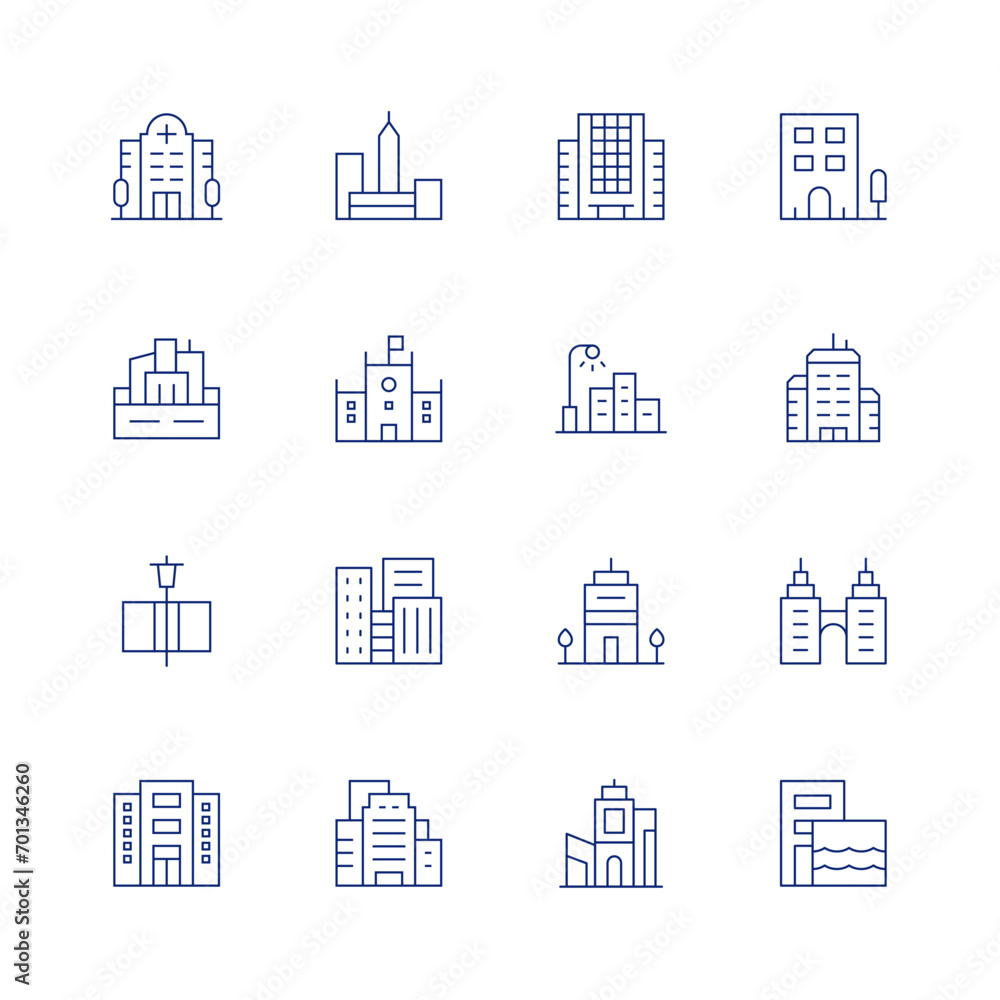 Urban line icon set on transparent background with editable stroke. Containing hospital, architecture and city, city, town hall, street light, town, company, building, streetlight, office building.