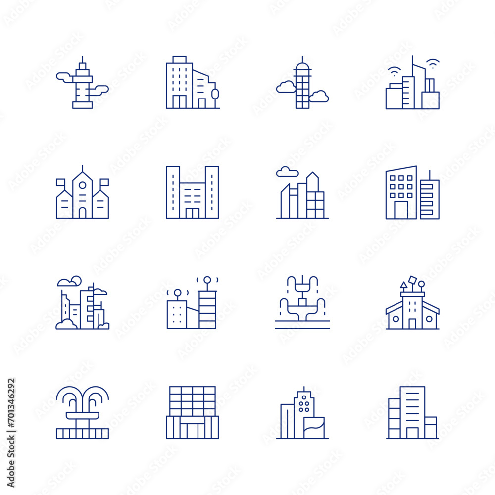Urban line icon set on transparent background with editable stroke. Containing skyscrapper, town hall, city, building, fountain, skyscraper, skyline, smart city, office, urban art, daycare center.
