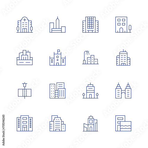 Urban line icon set on transparent background with editable stroke. Containing hospital, architecture and city, city, town hall, street light, town, company, building, streetlight, office building.