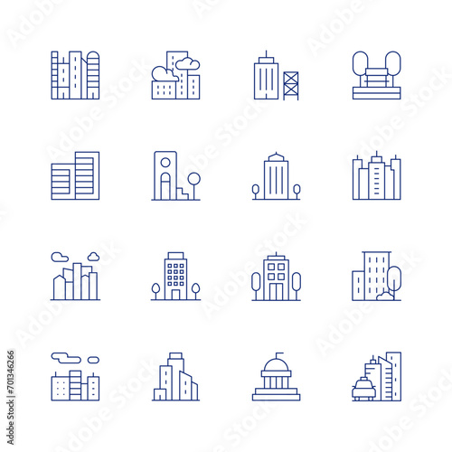 Urban line icon set on transparent background with editable stroke. Containing city, building, house, smog, buildings, construction, skyscraper, politics, park, pollution.