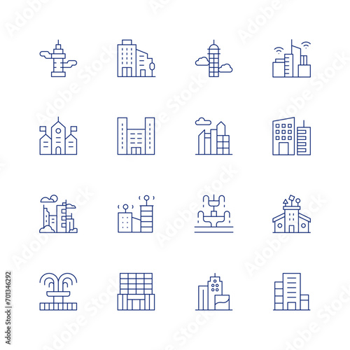 Urban line icon set on transparent background with editable stroke. Containing skyscrapper, town hall, city, building, fountain, skyscraper, skyline, smart city, office, urban art, daycare center.