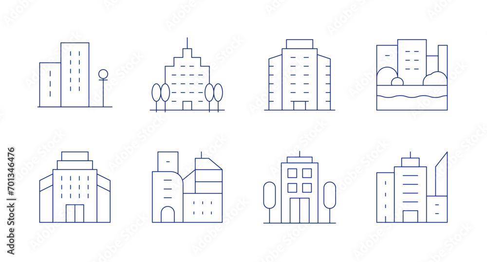 Urban icons. Editable stroke. Containing buildings, office, building, company, city, canal.