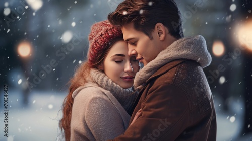 Loving couple hugging in Winter wonderlan landscape.romantic love story, a beautiful stylish young boyfriend and girlfriend with blurred winter snow. valentine love woman and man snow png like style - photo