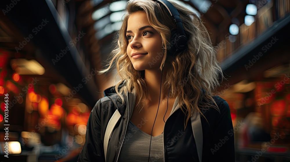 young woman wearing headphones smiles and stands in a public place. Listening to audiobooks concept. Generative AI