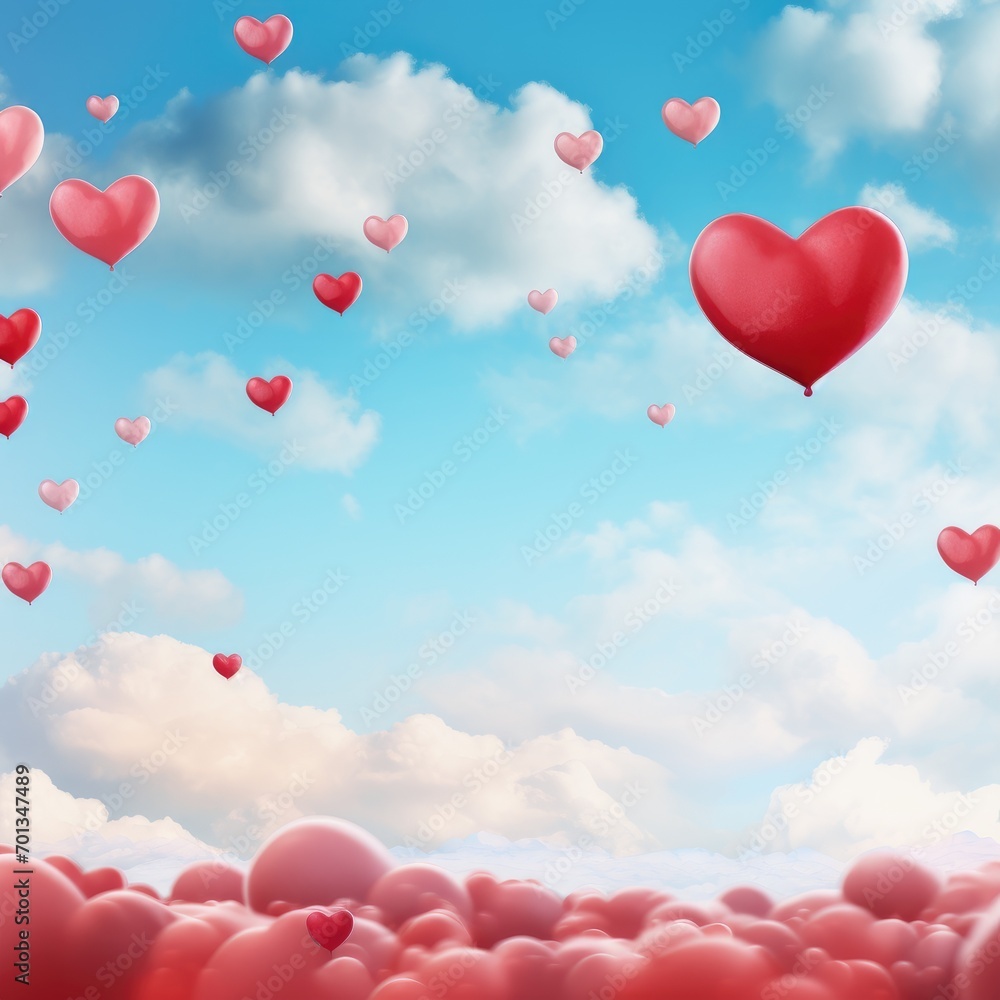 Flying heart balloons sky background