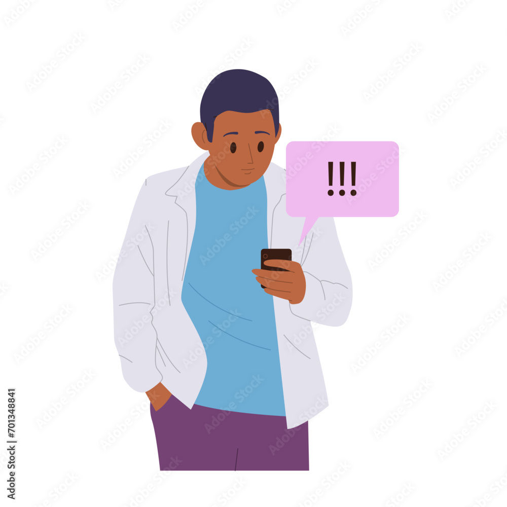 Man social media user cartoon character looking at smartphone seeing exclamation marks message Man social media user cartoon character looking at smartphone seeing exclamation marks message