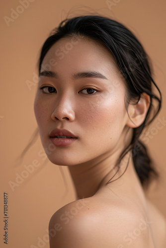 Radiant Beauty Young Asian Woman with Fresh Skin, Perfect for Face Care and Spa Treatments, Portrait on Beige Background