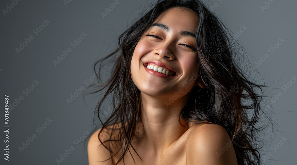A portrait of a smiling Asian model with long flowing hair, on a grey background, ideal for commercial use, generative ai A portrait of a smiling Asian model with long flowing hair, on a grey background, ideal for commercial use, generative ai