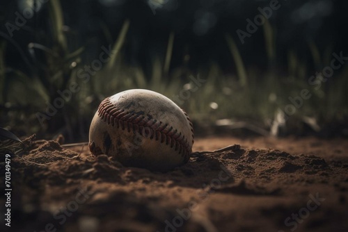 Baseball resting on pitcher's mound. Generative AI