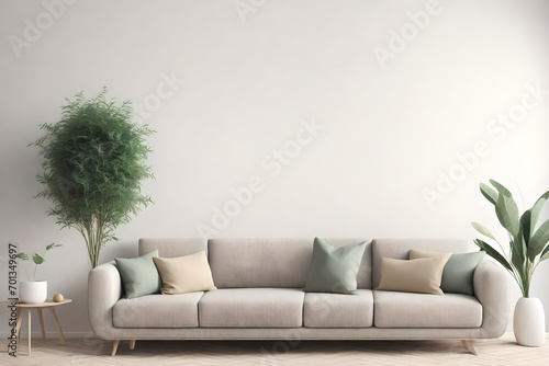 Interior wall mockup with empty white wall, gray sofa, beige pillows and green plant in vase. Free space on right. 3D rendering, illustration