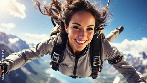 Woman skydiving in a gray and red suit, joyfully freefalling against a clear blue sky, snowy mountains, and lake below.