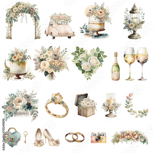 Wedding clipart, wedding icons, retro watercolor illustrations